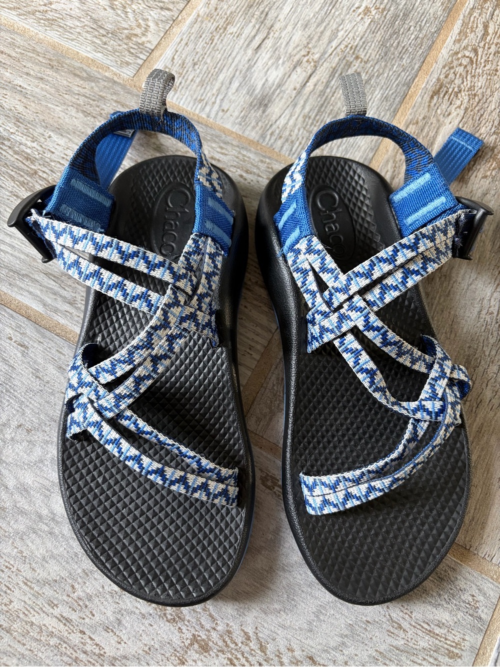 Chaco Kids Blue and White Patterned Strap Sandals